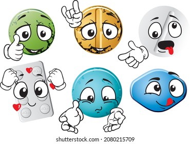 Cartoon vector pills mascot on white background. Perfect for printing on posters, wallpapers, wall murals, mugs, glasses, deckchairs, banners, roll-ups. EPS vector format.