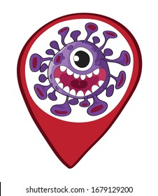 Cartoon vector Pin Covid-19 (Coronavirus) isolated for map on white background. Freehand style.Cartoon character of virus.