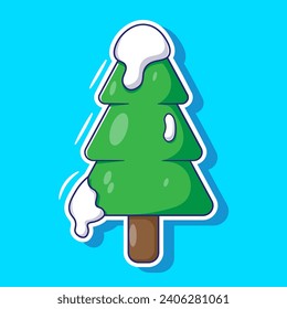 Cartoon vector of pine tree stickers with snow on branches. flat cartoon for winter element collections