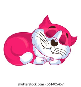 Cartoon vector pink curled up and purring. Vector illustration.