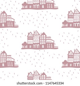 Cartoon vector pink pattern with hand-drawn houses and spots.