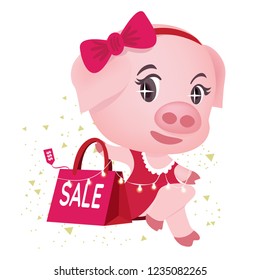 The Cartoon Vector of Pink Piglet in Red Dress Holding Shopping Bag with on Holiday Sale Price Tag.