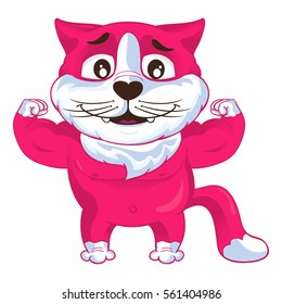 Cartoon vector pink strong cat shows his biceps.Vector illustration.