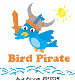 cartoon vector ,pirate bird carrying a sword over the sea