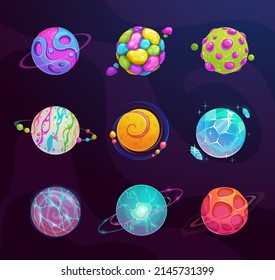 Cartoon vector planets set. Space fantasy UI assets. Cosmic elements for game design.