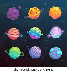 Cartoon Vector Planets Set. Space Fantasy UI Assets. Cosmic Elements For Game Design.