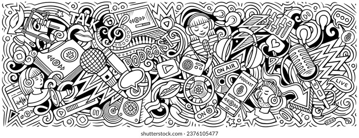 Cartoon vector Podcast doodle illustration features a variety of Audio Content objects and symbols. Skethcy whimsical funny picture.