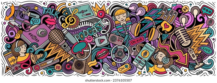 Cartoon vector Podcast doodle illustration features a variety of Audio Content objects and symbols. Bright colors whimsical funny picture.