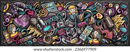 Cartoon vector Podcast doodle illustration features a variety of Audio Content objects and symbols. Bright colors whimsical funny picture.