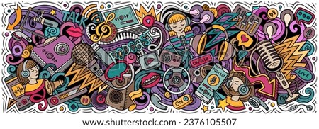 Cartoon vector Podcast doodle illustration features a variety of Audio Content objects and symbols. Bright colors whimsical funny picture.