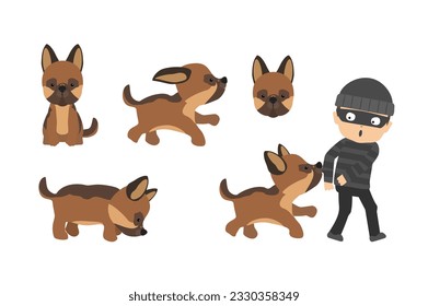 Cartoon vector police dog illustrations. Cute German Shepherd breed, sniffing, sitting, running and chasing a criminal.