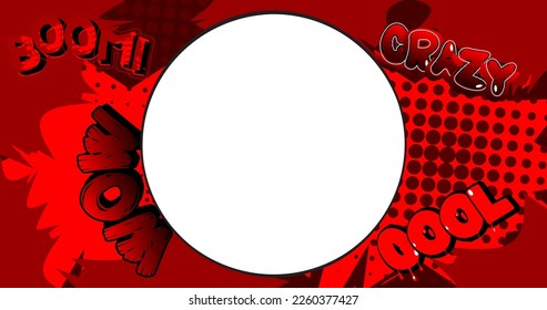 Caricatura de fondo de historietas de arte pop vectorial. Forma Círculo en blanco en el fondo del libro de historietas. Ilustración Roja.