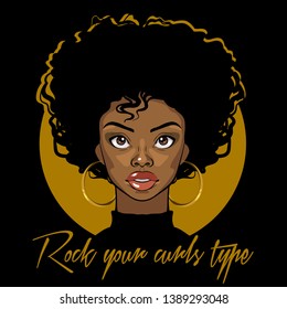 Cartoon vector portrait of an Afro American girl with curly hair, big eyes and golden earrings. Fashion Illustration on black background.