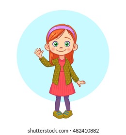 Cartoon Vector Portrait In Full Growth Of A Little Girl Standing And Waving Hand.