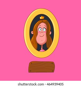 Cartoon vector portrait of princess in the frame on the pink background