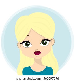 Cartoon vector portrait of young blonde beautiful girl. Vector illustration.