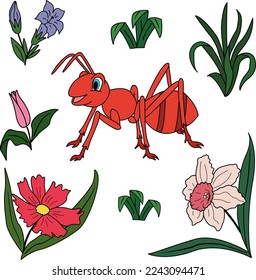 Cartoon vector positive ant, beautiful flowers, green grass. Colorful clipart ant on the lawn, daffodil, bluebell