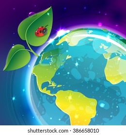 Cartoon vector poster "Earth Day". Save electric energy. Protect the planet Earth.