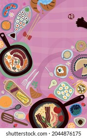 Cartoon vector poster with grand breakfast with a lot of details can be used
as poster idea, background, textile or advertisiment. 