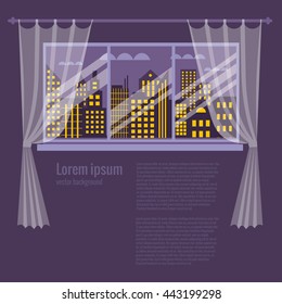. Cartoon vector poster night room interior window curtains with indoor plants. 