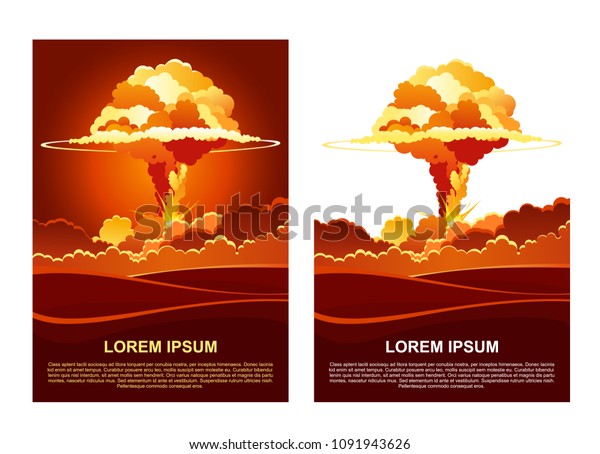 Cartoon vector poster of nuclear explosion. Mushroom cloud and smoke