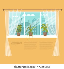  Cartoon vector poster room interior window curtains with indoor plants. 
