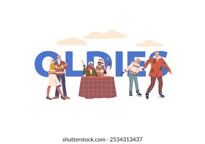 Cartoon Vector Poster Senior Couples Celebrate Together With Joyful Activities. Old People Skating And Dancing