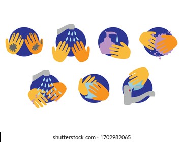 Cartoon vector poster with seven steps to Wash Your Hands the Right Way for stop germs from spreading using water, soap and a paper towel
