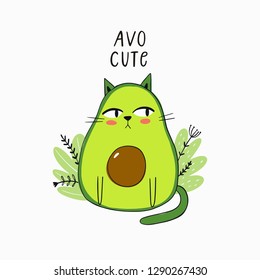 Cartoon vector print with avocado cat. Vector illustration with avocado cat.