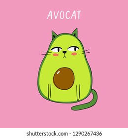 Cartoon vector print with avocado cat. Vector illustration with avocado cat.