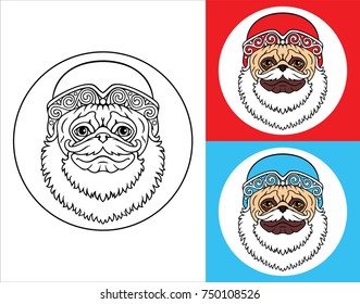 Cartoon vector pug dog in Santa's hat with beard and mustache. Black and white coloring and color version.