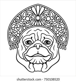 Cartoon vector pug dog in Snow Maiden's crown. Black and white coloring.