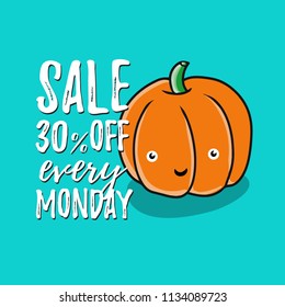 cartoon vector pumpkin illustration rough style with lettering text sale