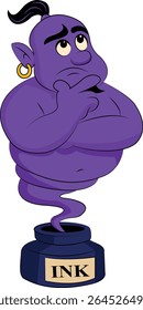 Cartoon vector of a purple genie with a thinking expression, emerging from an ink bottle. Fun and magical character for fantasy themes, kids designs, books, and creative vector illustrations.

