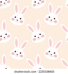 Cartoon vector rabbit head pattern on beige background.