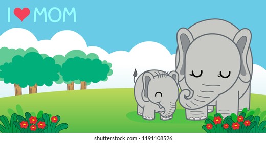 Cartoon vector of relationship Elephants family between Elephant mother and Elephant baby in the jungle background, Illustration for Family day and Mother day