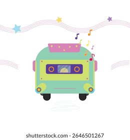 Vetor de desenhos animados de uma van em forma de cassete retrô com notas musicais coloridas, cores pastel e estrelas decorativas. Design divertido para música infantil, transporte retrô ou temas divertidos