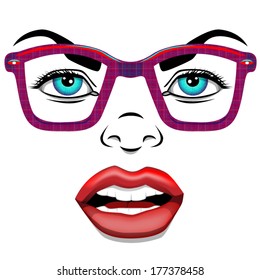 Cartoon vector retro womans face with glasses.