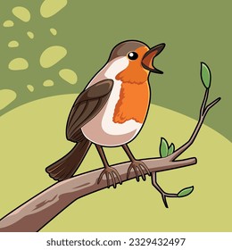 Cartoon Vector of Robin Bird on the Twig Illustration