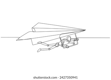 Caricatura de Robot vectorial chatbot, IA en la ciencia y los negocios de volar avión de papel para ver el futuro