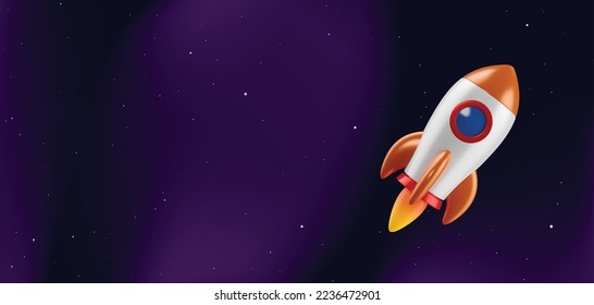 Cartoon vector rocket on dark space background. Flying spaceship with flame from engine