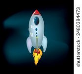 Cartoon Vector Rocket Ship Clipart Blasting Off into the Dark Blue Abyss