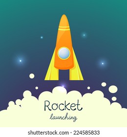 Cartoon vector rocket in space, creative illustration