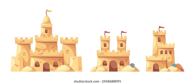 Cartoon Vector Sandcastles With Detailed Turrets, Arches, And Flags, Evoking Creativity, Fun, And Joys Of Summer Beach