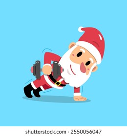 Personaje de Santa Claus de Vector de dibujos animados haciendo entrenamiento con pesas con mancuernas para el diseño.