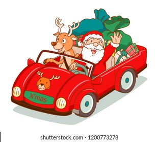 Cartoon vector of Santa Claus driving a car with reindeer sitting beside.