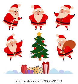 Cartoon vector santa. Cute santa clause in different poses with objects. Christmas tree, gifts, sck with presents.