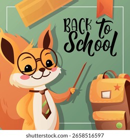 Escena de Vector de dibujos animados con una ardilla en gafas enseñando cerca de una mochila y una pizarra. Ideal para materiales infantiles, carteles y tarjetas de aprendizaje.
