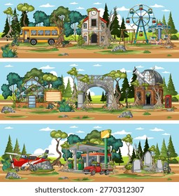 Cartoon vector scenes of deserted amusement park, town buildings, and vehicles in forest environment