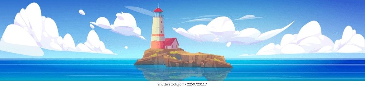 Cartoon vector sea landscape background with lighthouse on island. Illustration with house on rocky coast in ocean. Beacon and building on harbor. Beautiful panoramic seascape.